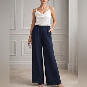 Oleg Cassini Black Tie Silk Wide Leg Pants Navy Blue Size 8